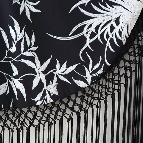Abito Mini Asimmetrico Monospalla Casual da Donna Nero Bianco Stampa Floreale Frange Nappine Senza Maniche Festa
