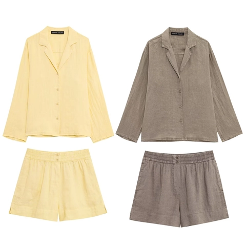 Women's Elegant Linen Blend Shirt Shorts Outfit Long Sleeve Lapel Button Up Top Elastic Waist Shorts Loose Casual Set