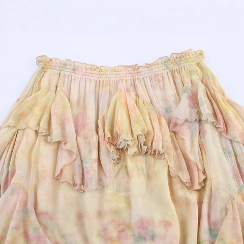 Dames Vintage Bloemen Gelaagde Ruffle Midirok Boho Hoge Taille Elastische Chiffon Soepele A-Lijn Rok Voor Vakantie Dagelijks