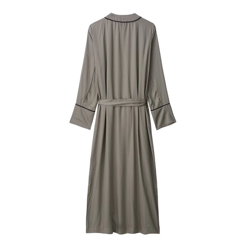Túnica Larga De Satén Para Mujer Taupe Cuello En V Ribete En Contraste Cinturón Camisón Ropa De Dormir Cómoda Maxi Vestido
