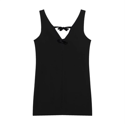 Dames Elegante Zwarte Mini-Slipjurk met V-hals Mouwloos met Strikjes A-lijn Geweven Polyester Feestjurk
