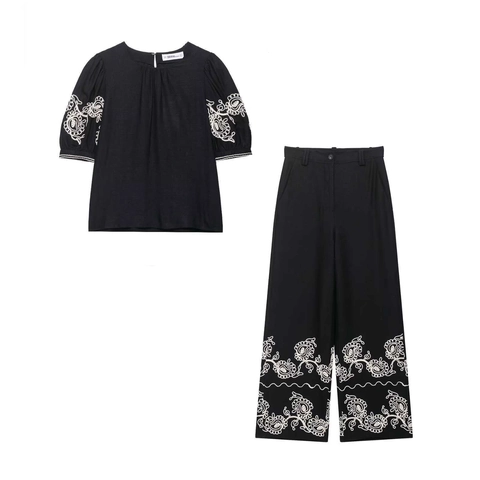Women Vintage Black Two Piece Set Embroidery Puff Sleeve Top And High Waist Wide Leg Pants Casual Elegant Ethnic Suit