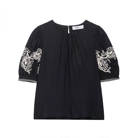 Women Vintage Black Two Piece Set Embroidery Puff Sleeve Top And High Waist Wide Leg Pants Casual Elegant Ethnic Suit