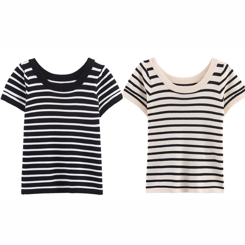 Dames Casual Gestreepte Gebreide Top Ronde Hals Slim Fit Basic T-Shirt Gestreepte Pullover Knitwear Zachte Ademende Top