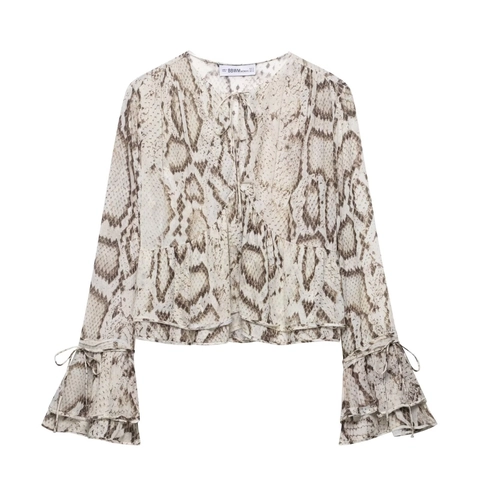 Damen Satin Schlangen-Print Zweiteiler Rüschen Glockenärmel V-Ausschnitt Top Und Hohe Taille Weites Bein Hose Lässiger Boho Anzug