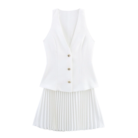 Women Fashion White Two Piece Set Sleeveless V-Neck Vest Gold Buttons and High Waist Pleated Mini Skirt Summer Outfit