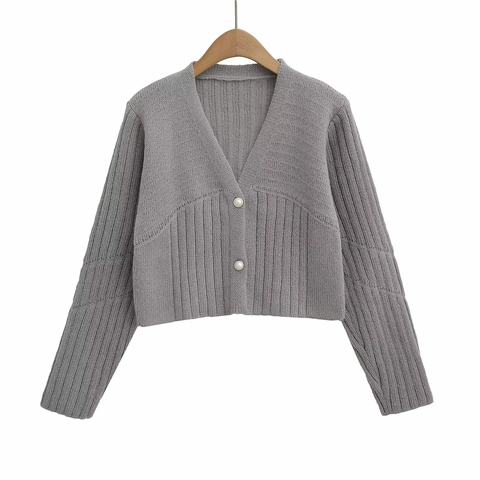 Women Casual V Neck Ribbed Knit Cardigan Sweater Artificial Pearl Buttons Loose Cropped Long Sleeve Top For Daily Wear Soft Knitwear