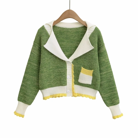 Women Sweet Sailor Collar Knit Cardigan Contrast Grass Green White Yellow Scalloped Trim Long Sleeve Button Up Sweater Top