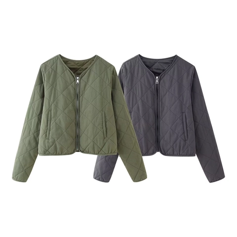 Women Vintage Diamond Quilted Jacket Lightweight V Neck Zipper Padded Coat Retro Ethnic Style Army Green Navy Blue Outerwear