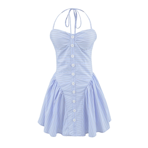 French Sweet Blue Striped Halter Mini Dress Backless Sleeveless Button Up Polyester Cotton Summer Vacation Beach Dress For Women