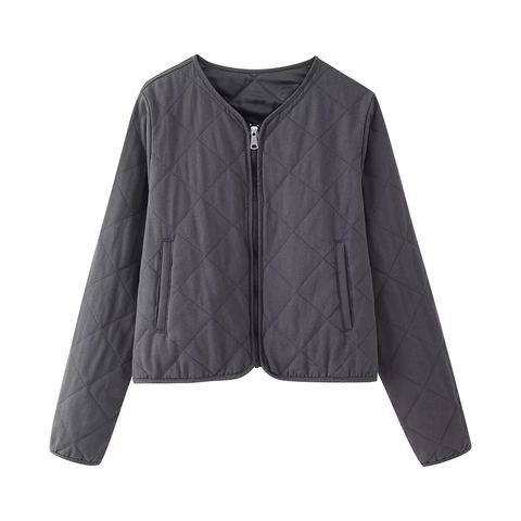 Women Vintage Diamond Quilted Jacket Lightweight V Neck Zipper Padded Coat Retro Ethnic Style Army Green Navy Blue Outerwear