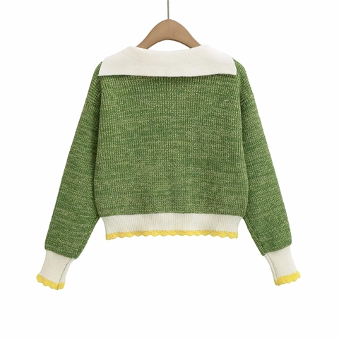 Women Sweet Sailor Collar Knit Cardigan Contrast Grass Green White Yellow Scalloped Trim Long Sleeve Button Up Sweater Top