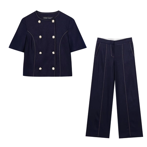 Double Breasted Jasje Met Korte Mouwen Contraststiksel En Brede Pijpen Broek Marineblauw Katoen Linnenmix Casual Voor Dames