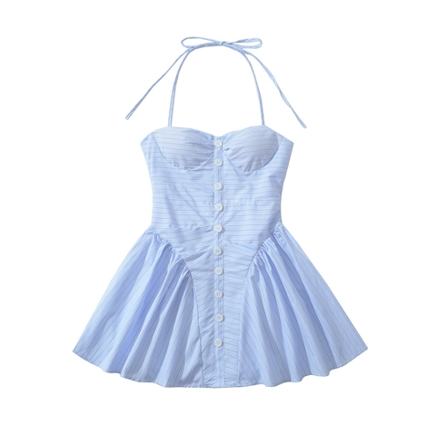 French Sweet Blue Striped Halter Mini Dress Backless Sleeveless Button Up Polyester Cotton Summer Vacation Beach Dress For Women