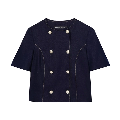 Double Breasted Jasje Met Korte Mouwen Contraststiksel En Brede Pijpen Broek Marineblauw Katoen Linnenmix Casual Voor Dames