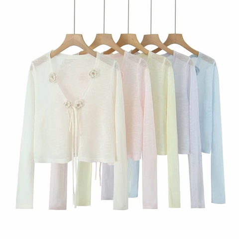 Women Sweet 3D Flower Knitted Cardigan Thin Ice Silk Long Sleeve Cropped Top V Neck Lace Up Sheer Sun Protection Shrug