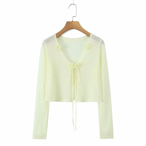 Women Sweet 3D Flower Knitted Cardigan Thin Ice Silk Long Sleeve Cropped Top V Neck Lace Up Sheer Sun Protection Shrug