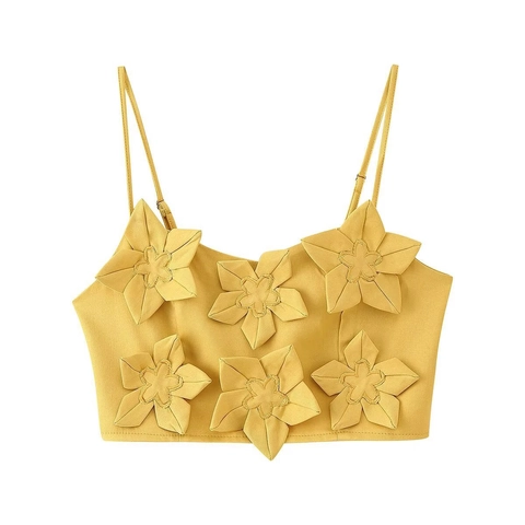 Ingwergelbe Cami Crop Top Und A-Linien-Minirock Set Mit 3D-Stoffblumen-Dekoration Sommerurlaub Chic Damen Outfits