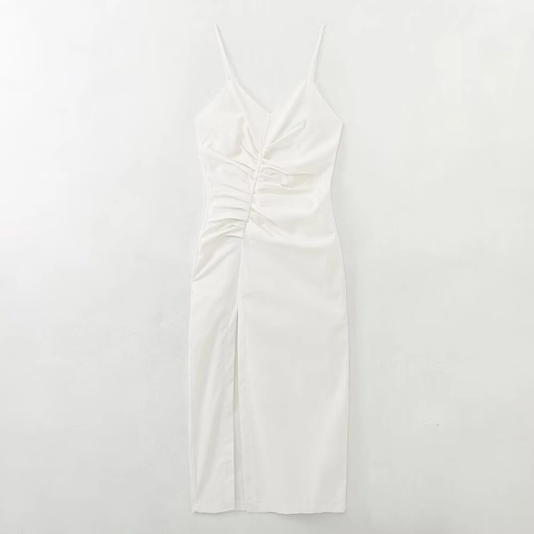 Elegante Vestito Midi Bianco con Spalline Dettagli Arricciati Scollo a V Senza Maniche Spacco Alto Misto Cotone per Donna