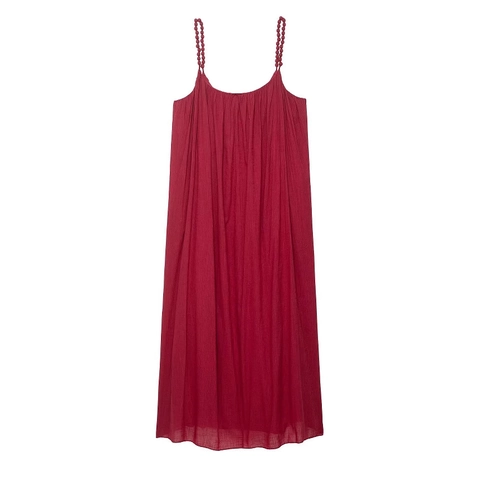 Elegante Dames Wijnrood Camisole Midi Jurk Kralenbandjes Geplooid A-Lijn Zomer Strand Vakantie Polyester Katoenmix Jurk