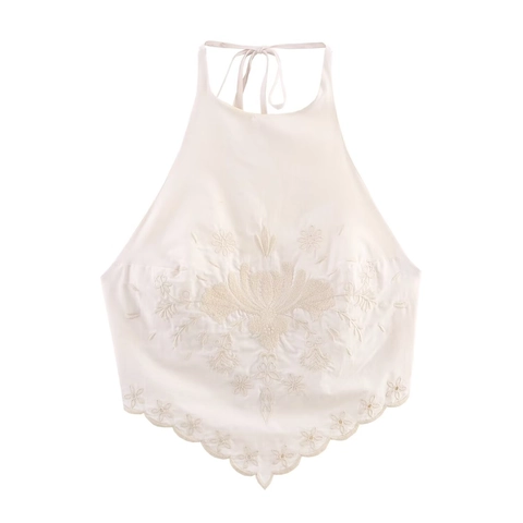 Damen Blumenstickerei Neckholder Top und Weite Hose Zweiteiler Set Baumwolle Off-White Muschelrand Urlaub Outfit