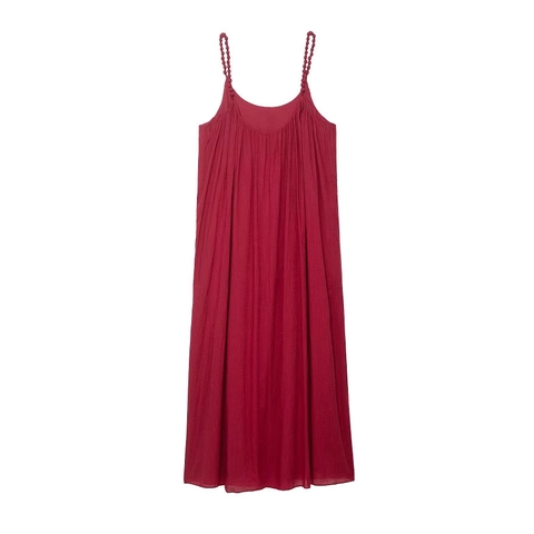 Elegante Dames Wijnrood Camisole Midi Jurk Kralenbandjes Geplooid A-Lijn Zomer Strand Vakantie Polyester Katoenmix Jurk