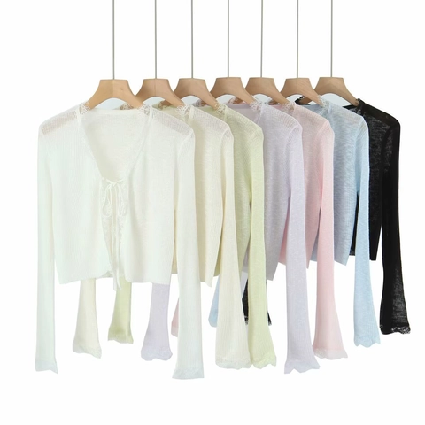 Dames Elegant Lichtgewicht Geribde Gebreide Cardigan Met Kantafwerking V-hals Striksluiting Lange Mouw Crop Top