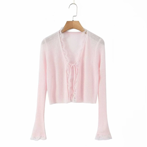 Dames Elegant Lichtgewicht Geribde Gebreide Cardigan Met Kantafwerking V-hals Striksluiting Lange Mouw Crop Top