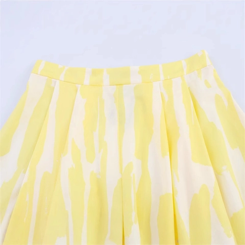 Gonna Midi Donna a Vita Alta a Linea A Giallo Bianco Stampa Astratta Artistica Plissettata Stile Occidentale Streetwear Casual