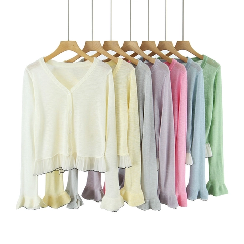 Cardigan en Tricot Élégant pour Femmes à Volants Col en V Manches Longues Boutonné Tricot en Soie Glacée Mince Tops