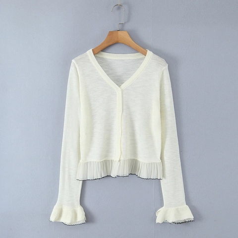 Cardigan en Tricot Élégant pour Femmes à Volants Col en V Manches Longues Boutonné Tricot en Soie Glacée Mince Tops
