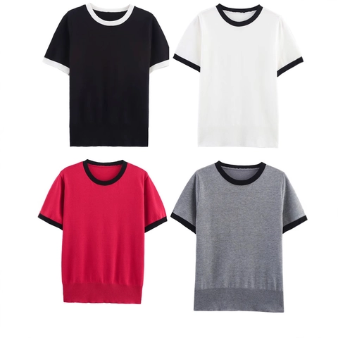 Γυναικείο Πλεκτό T-Shirt με Κοντό Μανίκι και Στρογγυλή Λαιμόκοψη Αντίθεσης Καλοκαιρινό Casual Slim Fit Τοπ