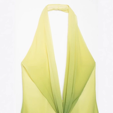 Damen Neckholder Rückenfrei Ombré Farbverlauf Maxikleid Sexy Tief V-Ausschnitt Knotendetail Ärmellos Sommer Strand Urlaub Langes Kleid