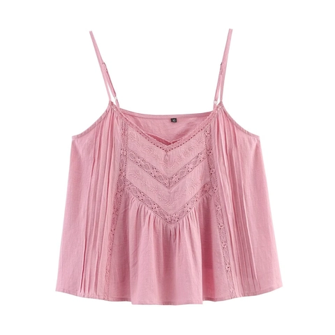 Damen Besticktes Baumwoll Unterhemd Süßer Spitzenbesatz V Ausschnitt Verstellbare Träger Plissee Cami Top Für Sommer