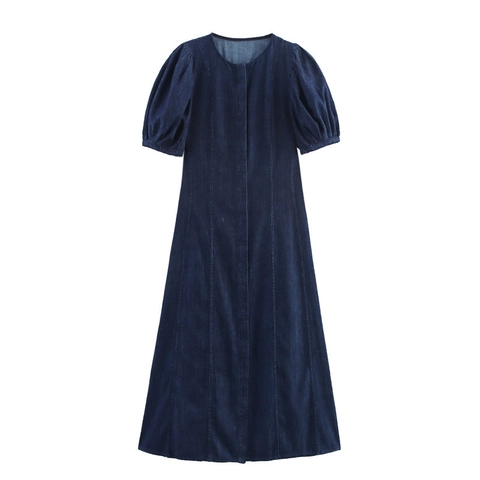 Women Retro Dark Blue Denim Midi Dress Round Neck Short Puff Sleeve A-Line Casual Streetwear Elegant Fashion One Piece Dress
