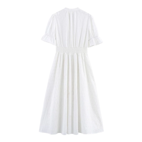 Vestido Midi de Algodón con Bordado de Ojetes y Cuello en V Francés Elegante Blanco con Mangas Abullonadas y Volantes Mujer