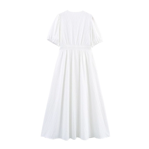Women Elegant White V Neck Eyelet Embroidery Maxi Dress Short Puff Sleeve Button Front Hollow Out A-Line Vacation Dress
