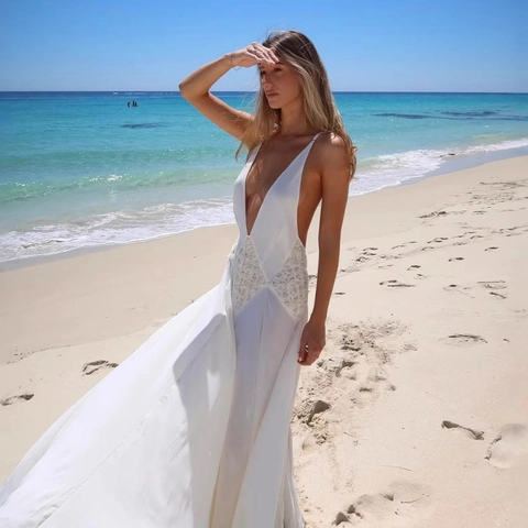 Sexy Deep V-Neck Backless Satin Maxi Dress With Lace Patchwork Spaghetti Strap Elegant Party Beach Dress For Women
