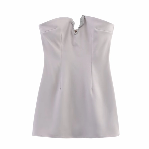 Dames Strapless V-hals Strass Mini Jurk Elegant Slanke Pasvorm Polyester Party Avond Bodycon Korte Jurk Deep Space Grijs