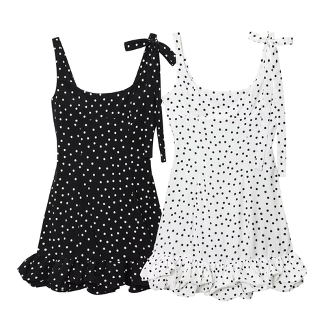 Abito Mini a Pois Retrò da Donna Elegante Scollo a U Spalline con Fiocco Orlo a Balze Senza Maniche Festa Estiva