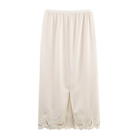 Women's Elegant Satin Embroidered Midi Skirt High Waist Hollow Out Floral Scalloped Hem Slit Spring Skirt