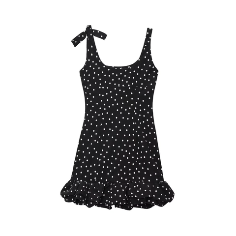 Abito Mini a Pois Retrò da Donna Elegante Scollo a U Spalline con Fiocco Orlo a Balze Senza Maniche Festa Estiva