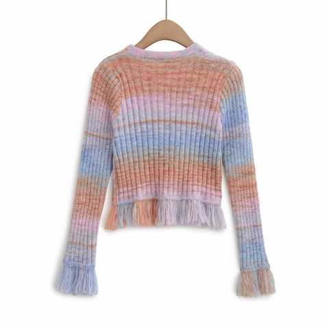 Women Gradient Rainbow Knit Cardigan V Neck Long Sleeve Sweater With Tassel Fringe Boho Sweet Button Up Crop Knitwear