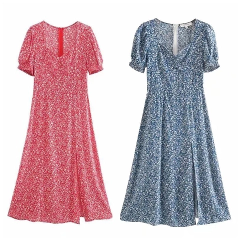 French Style Floral Print Maxi Dress For Women Summer Puff Short Sleeve Square Neck High Waist Rayon Split Long Dress