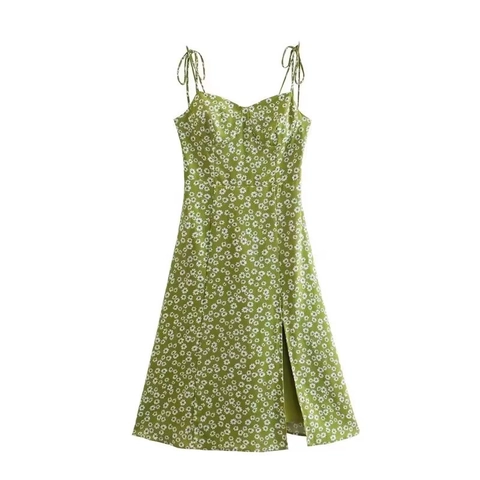 Damen Französisches Grasgrünes Gänseblümchen Blumenmuster Trägerkleid Verstellbare Bindeträger Hohe Taille Seitenschlitz A-Linie Midi Kleid