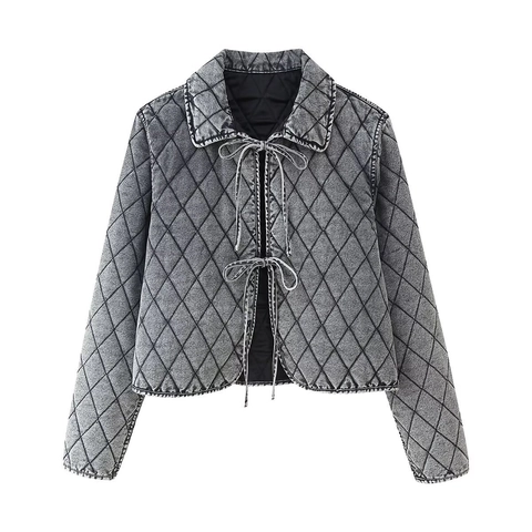 Γυναικεία Vintage Stone Washed Denim Καπιτονέ Ζακέτα Ρετρό Διαμαντένια Ραφή Φιόγκος με Δέσιμο Γιακάς Κοντό Βαμβακερό Παλτό