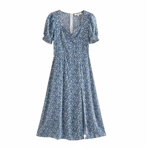 French Style Floral Print Maxi Dress For Women Summer Puff Short Sleeve Square Neck High Waist Rayon Split Long Dress