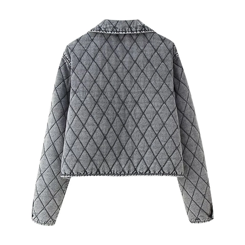 Γυναικεία Vintage Stone Washed Denim Καπιτονέ Ζακέτα Ρετρό Διαμαντένια Ραφή Φιόγκος με Δέσιμο Γιακάς Κοντό Βαμβακερό Παλτό