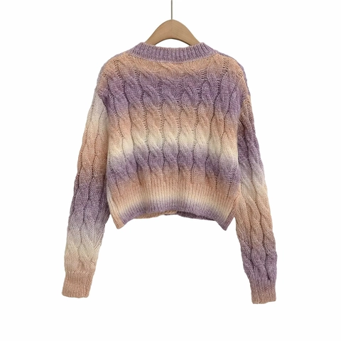 Women Gradient Cable Knit Cardigan Round Neck Single Breasted Long Sleeve Ombre Knitwear Top For Spring Casual Elegant