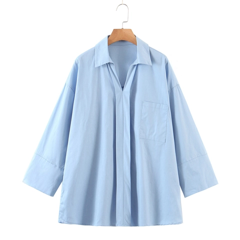 Damen Casual Baumwollmischung Popeline Hemd Oversize Langarm Bluse Mit Tasche Elegant Einfarbig V Ausschnitt Büro Lady Top